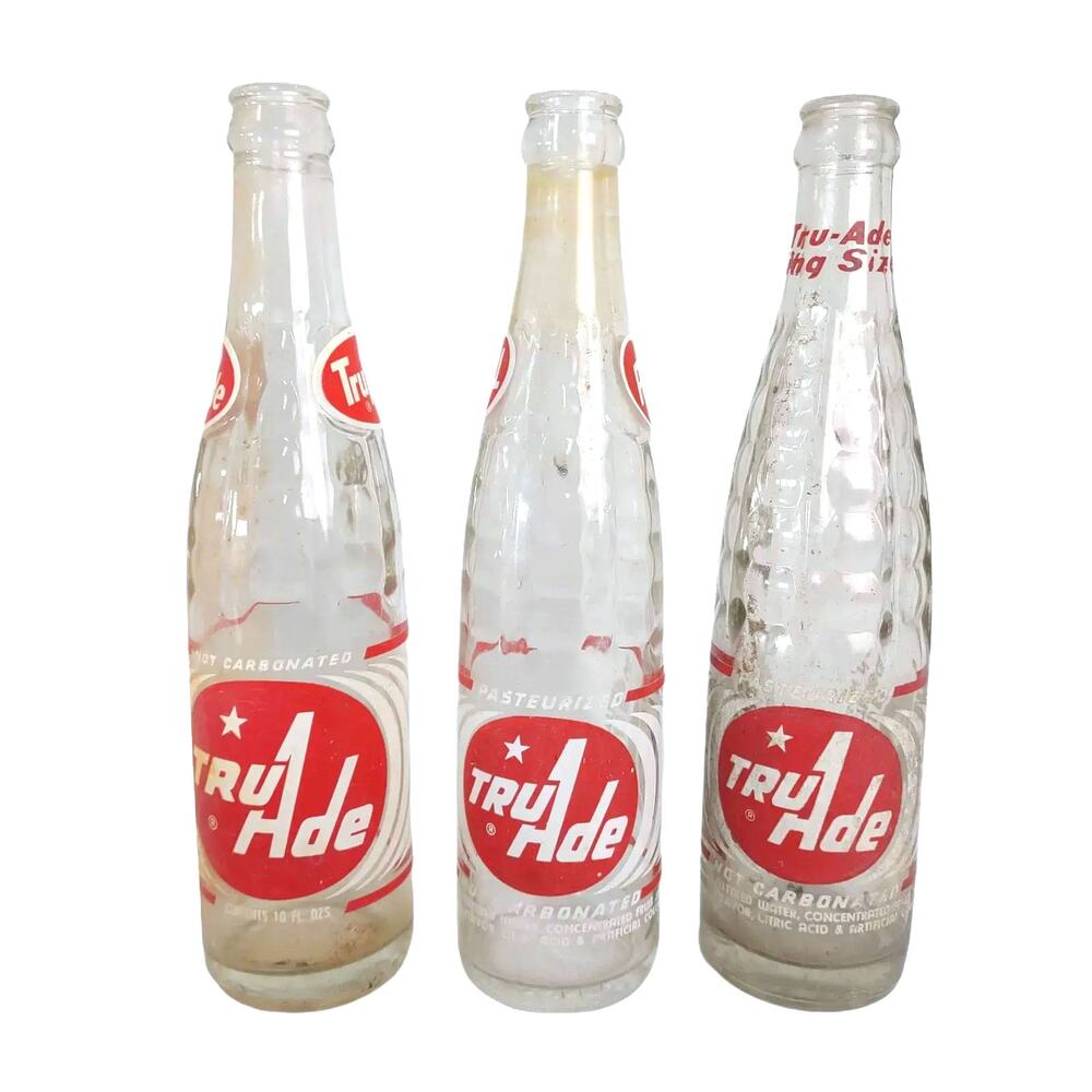 Set of 3 Vintage TRU-ADE 10oz ACL Glass Soda Bottles, PAL, King Size W Jefferson